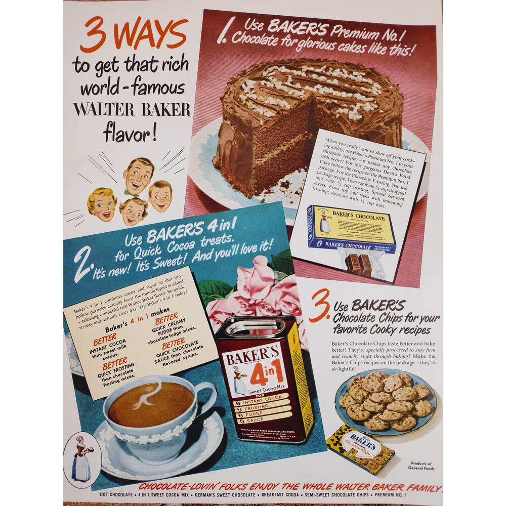 1950 Walter Bakers Chocolate Vtg Retro MCM Print Ad‎